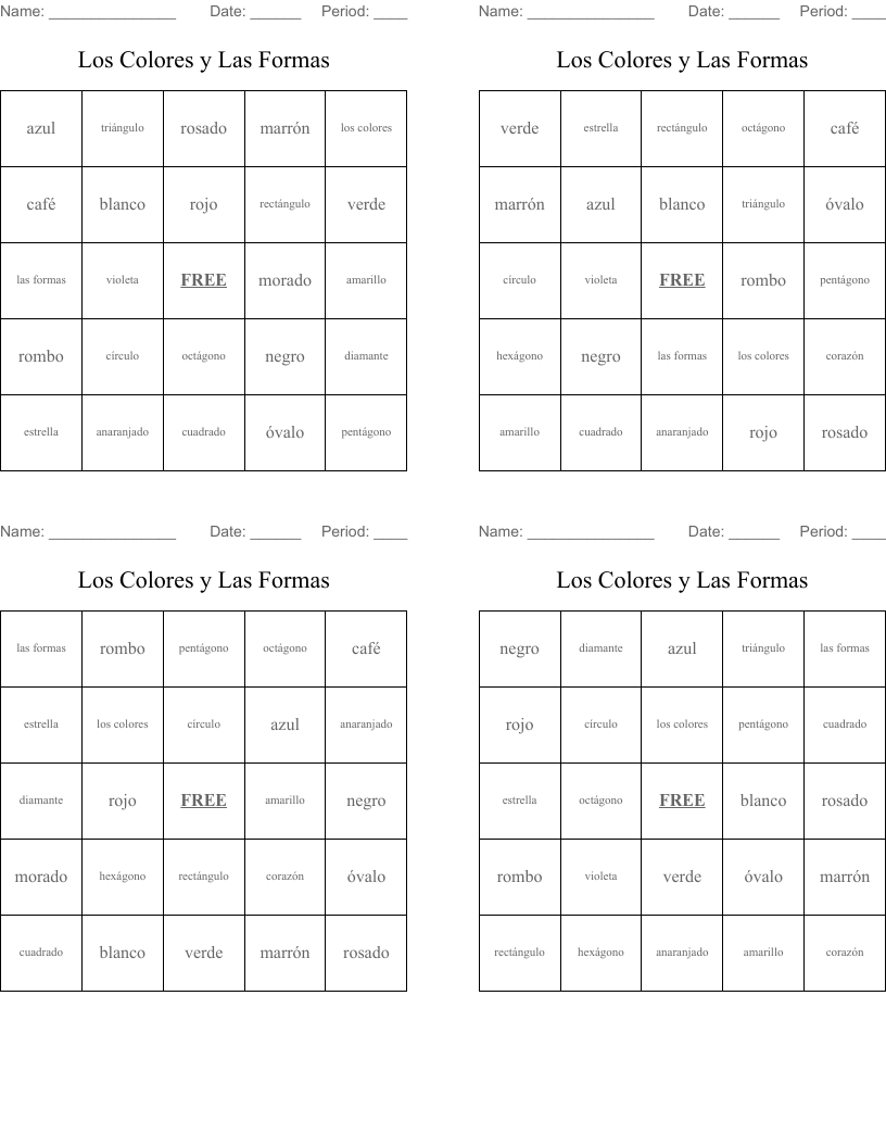 Los Colores y Las Formas Bingo Cards