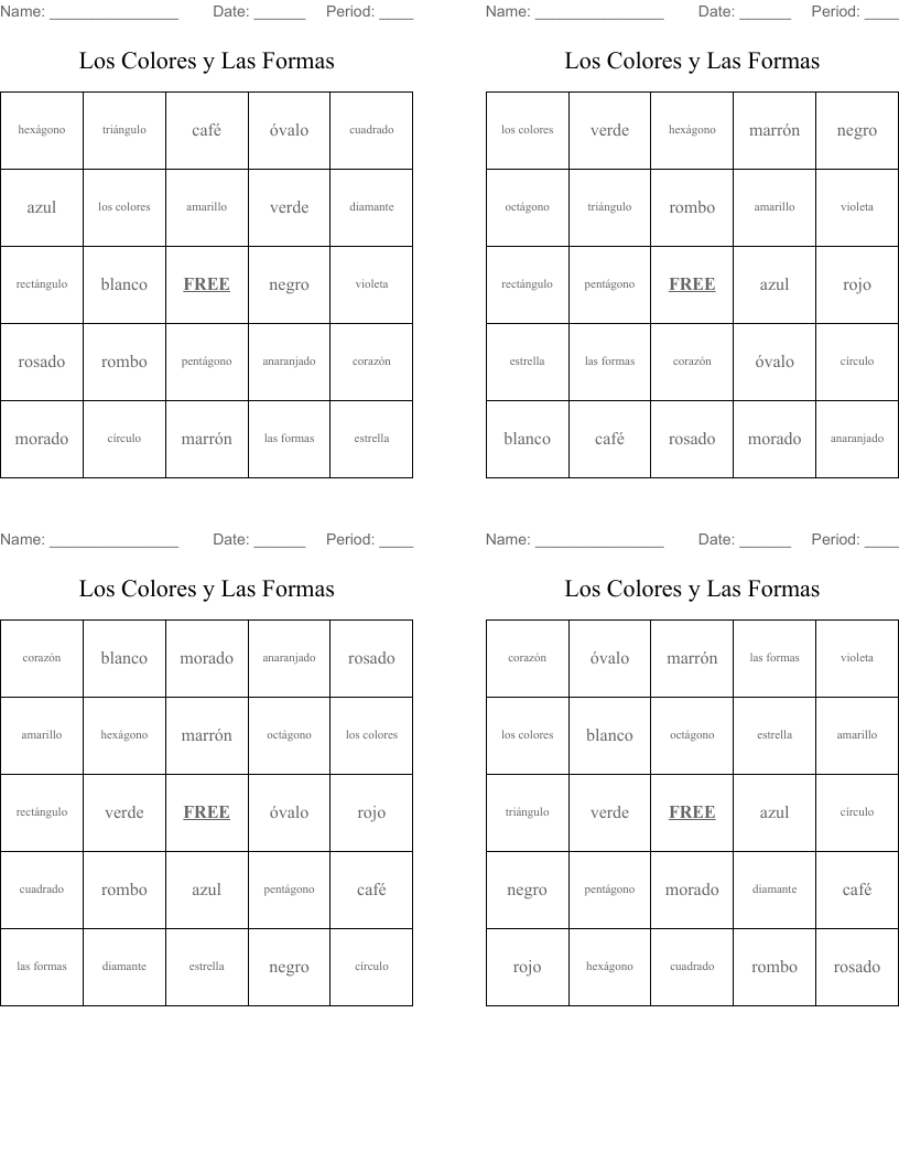 Los Colores y Las Formas Bingo Cards