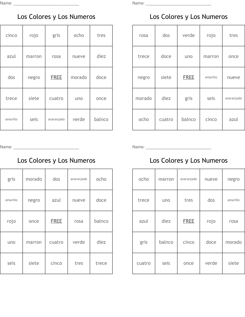 Los Colores y Los Numeros Bingo Cards