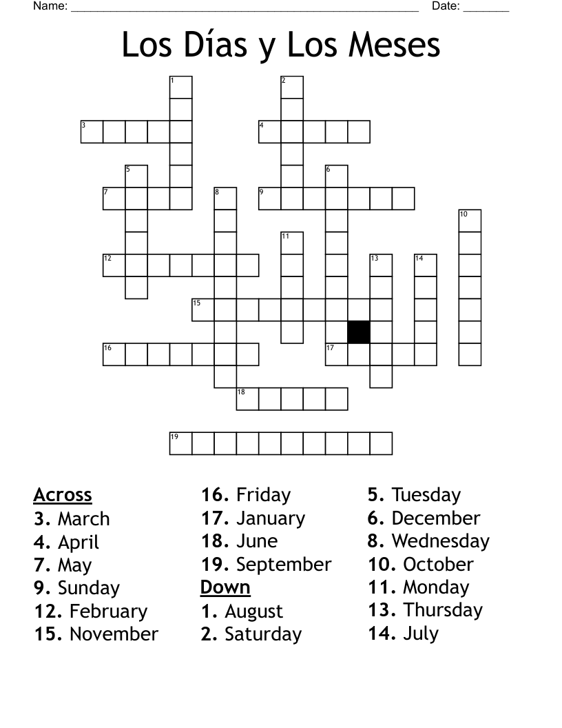 Los Días y Los Meses Crossword