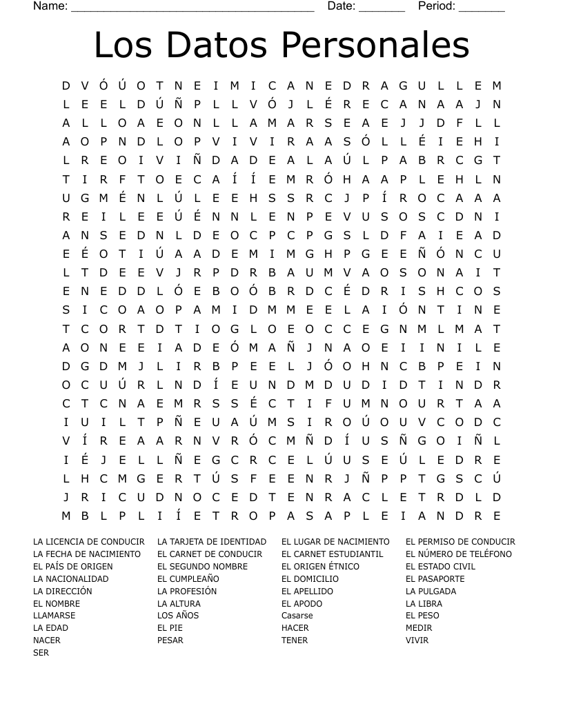 Los Datos Personales Word Search