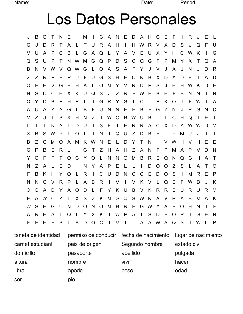 Los Datos Personales Word Search
