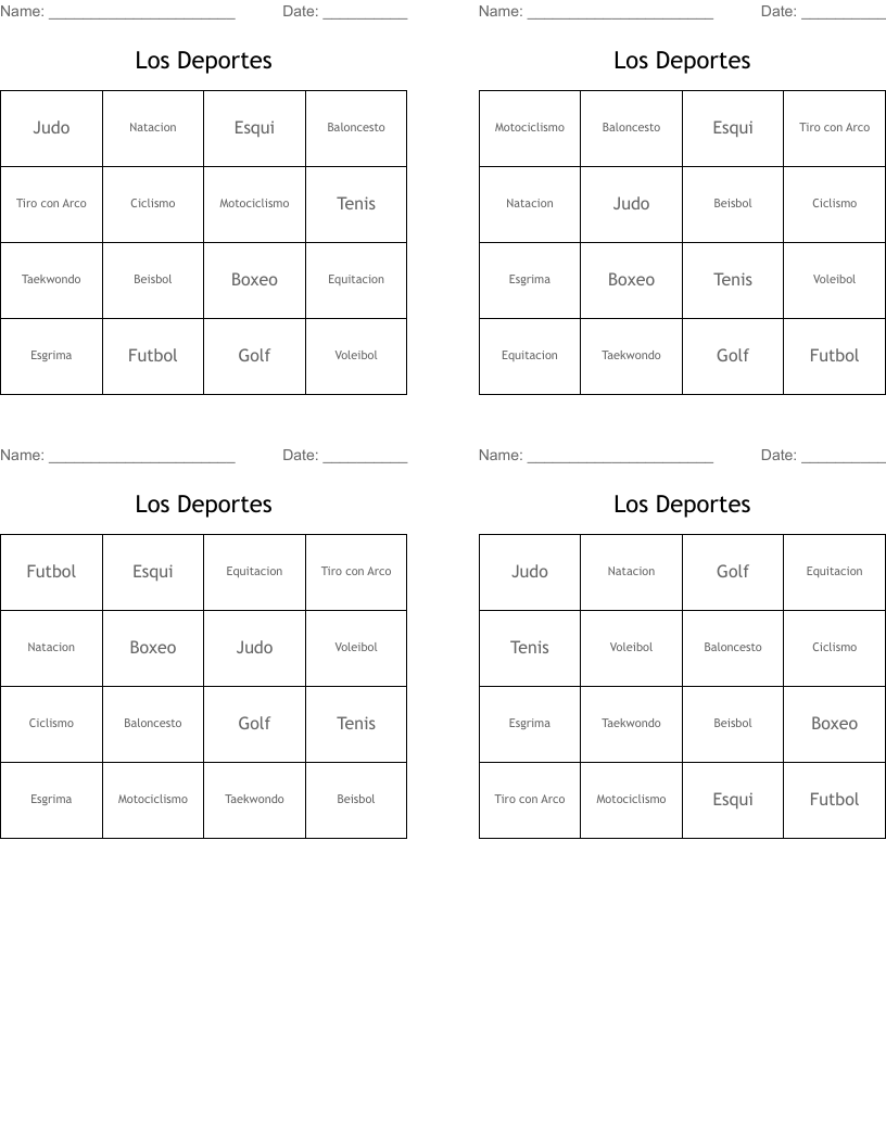 Los Deportes Bingo Cards