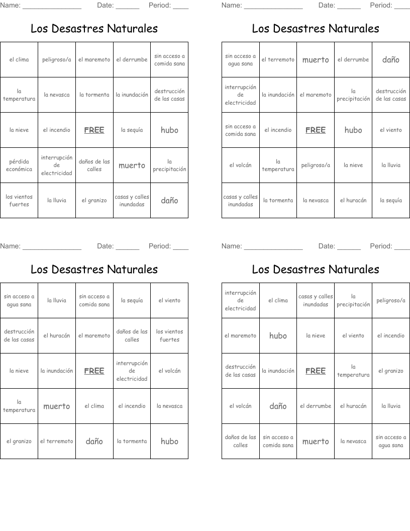 Los Desastres Naturales Bingo Cards