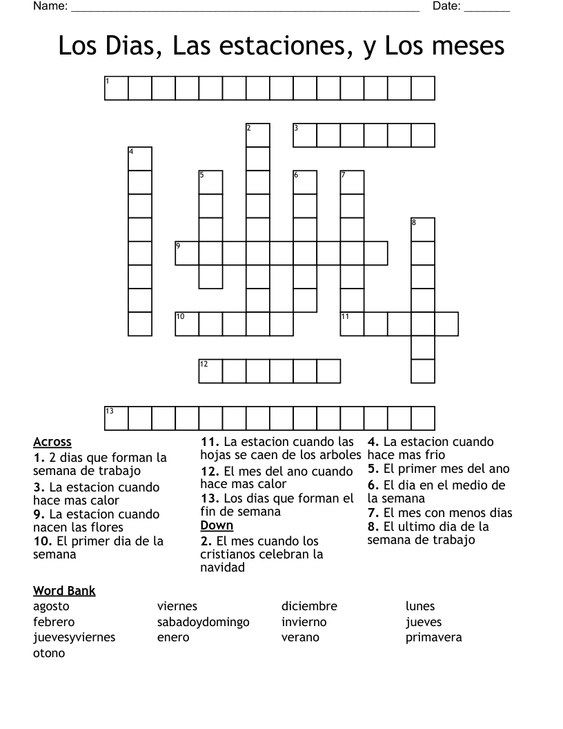 Los Dias, Las estaciones, y Los meses Crossword