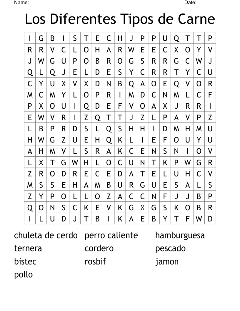Los Diferentes Tipos de Carne Word Search