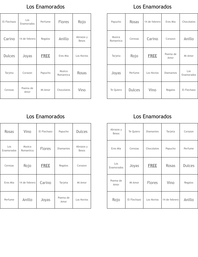 Los Enamorados Bingo Cards