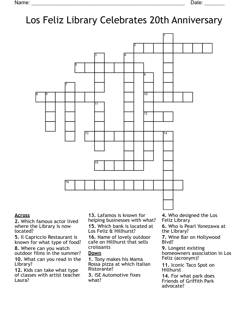 Los Feliz Library Celebrates 20th Anniversary Crossword