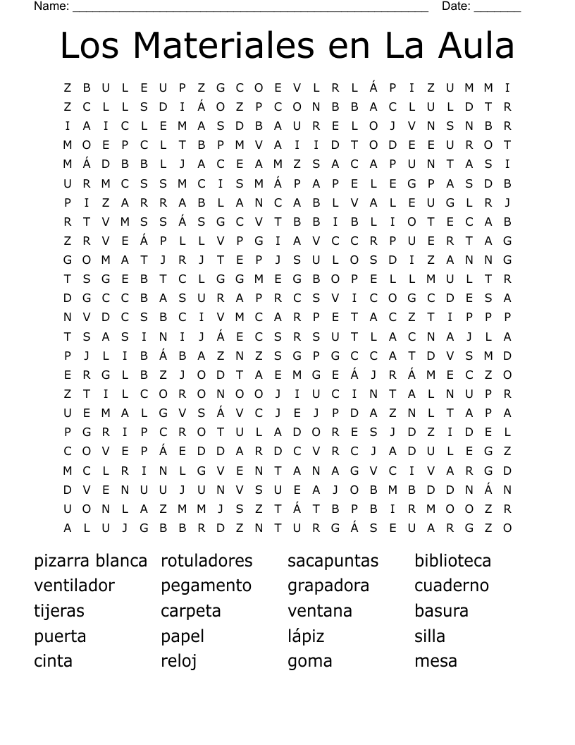 Los Materiales en La Aula Word Search