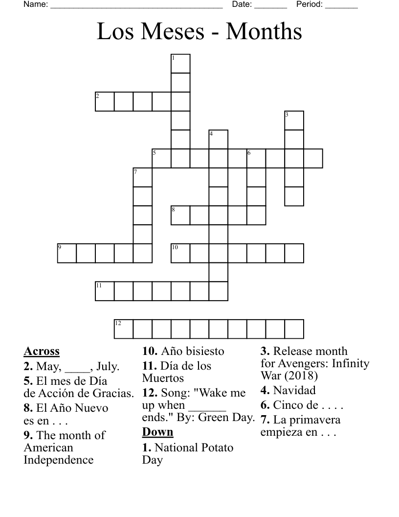 Los Meses - Months Crossword