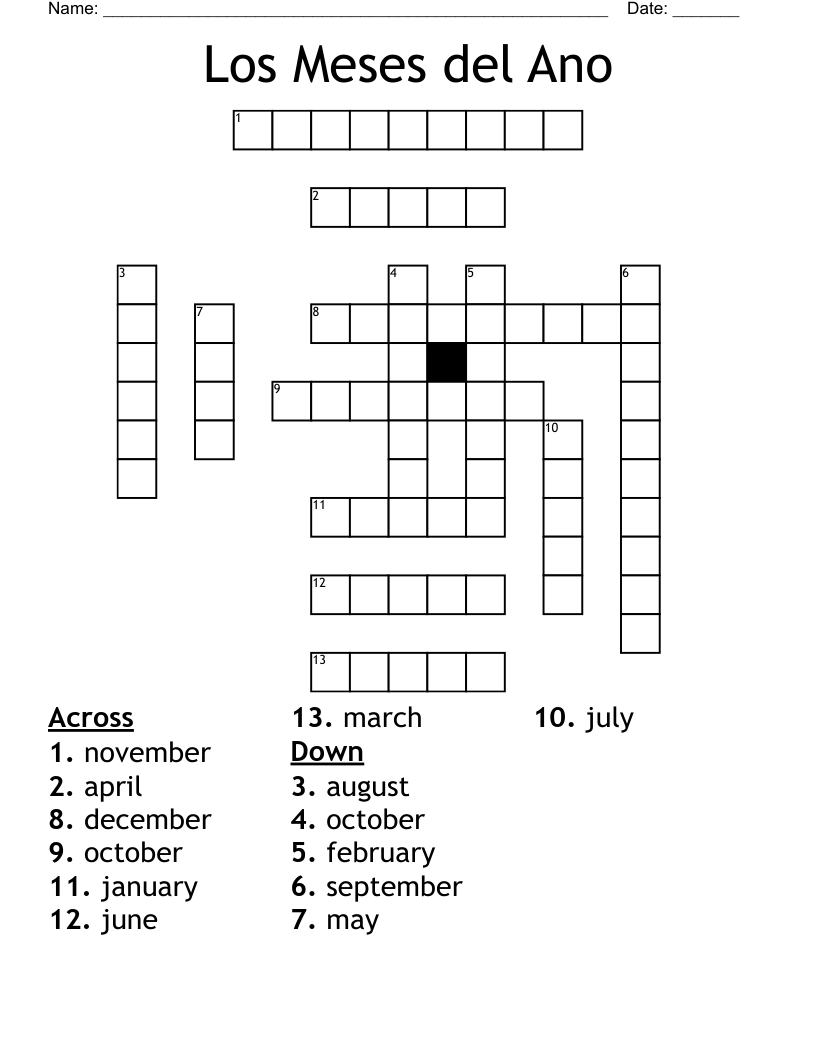 Los Meses del Ano Crossword