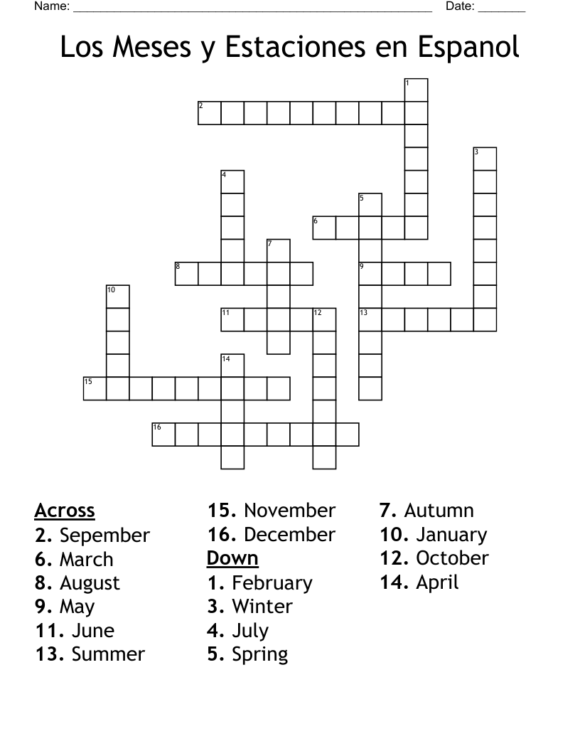 Los Meses y Estaciones en Espanol Crossword