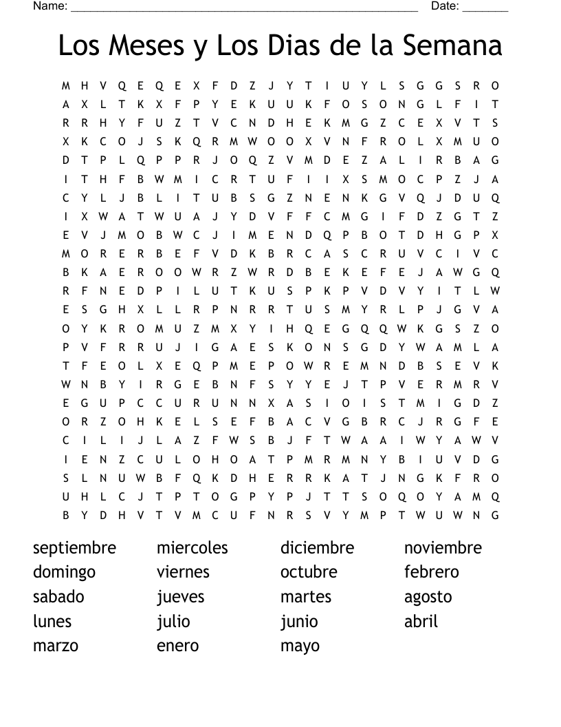Los Meses y Los Dias de la Semana Word Search