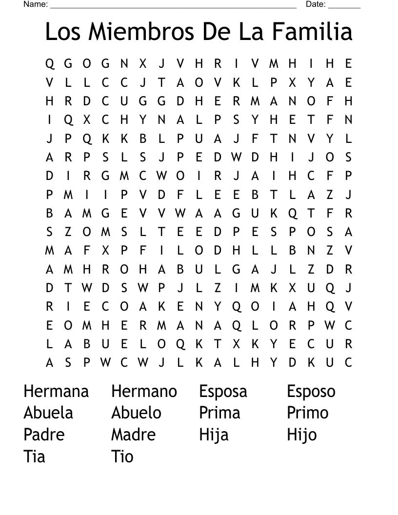 Los Miembros De La Familia  Word Search