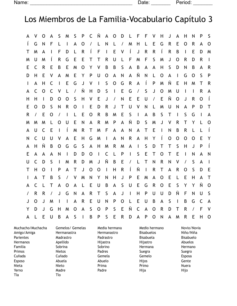 Los Miembros de La Familia-Vocabulario Capítulo 3 Word Search