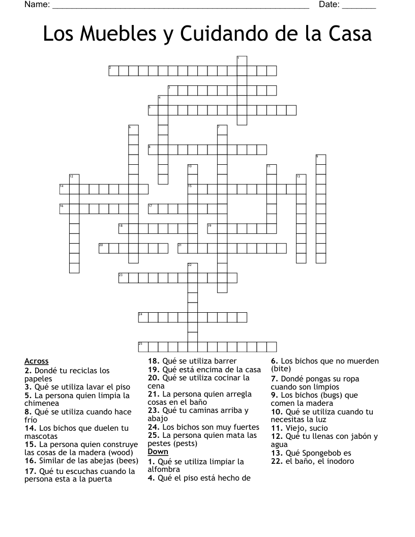 Los Muebles y Cuidando de la Casa Crossword
