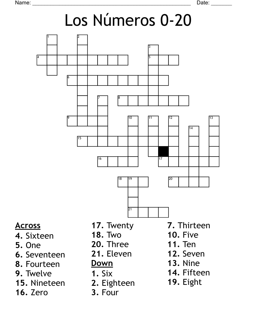 Los Números 0-20 Crossword