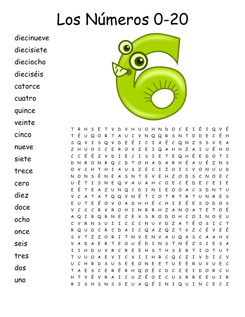 Los Números 0-20 Word Search