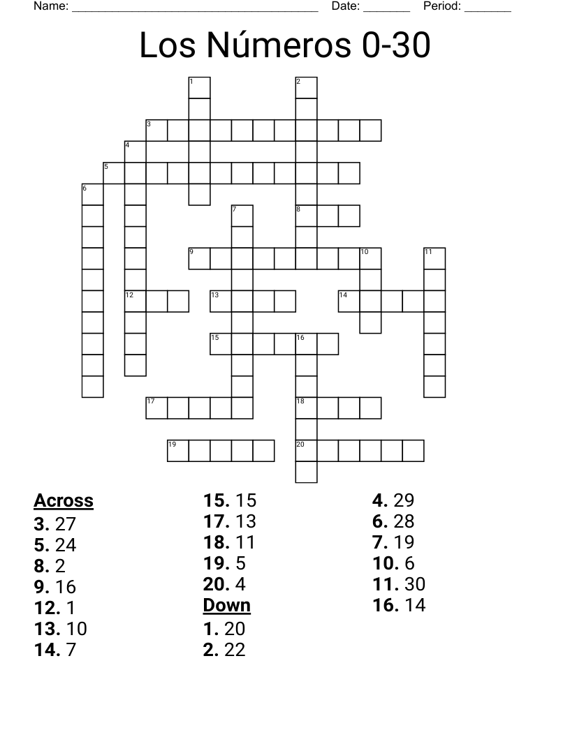 Los Números 0-30 Crossword