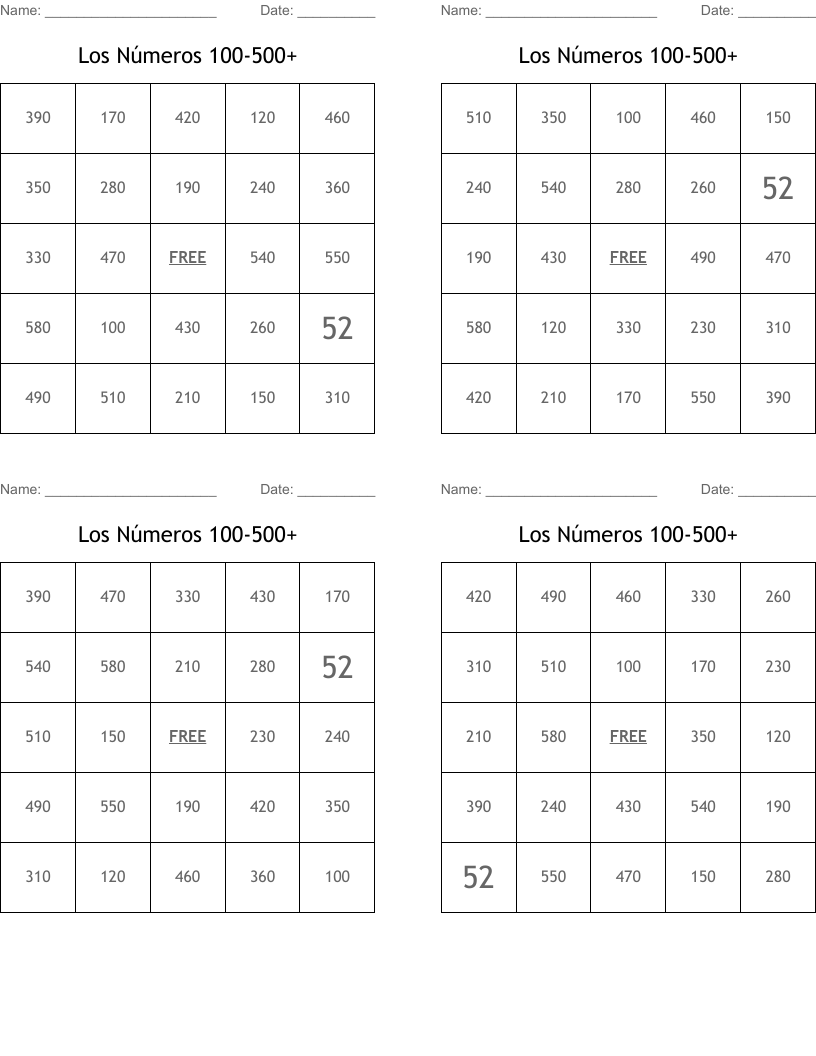 Los Números 100-500+ Bingo Cards