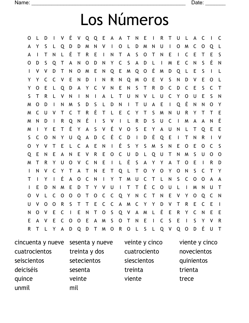 Los Números Word Search