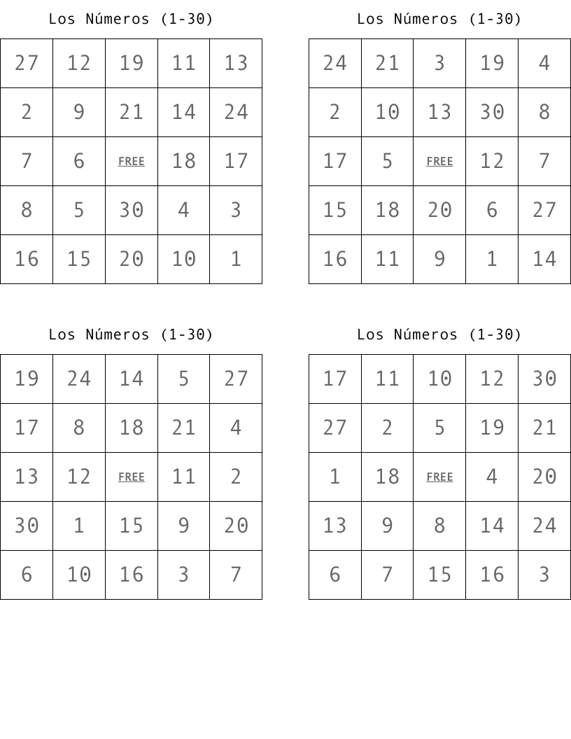 Los Números (1-30) Bingo Cards