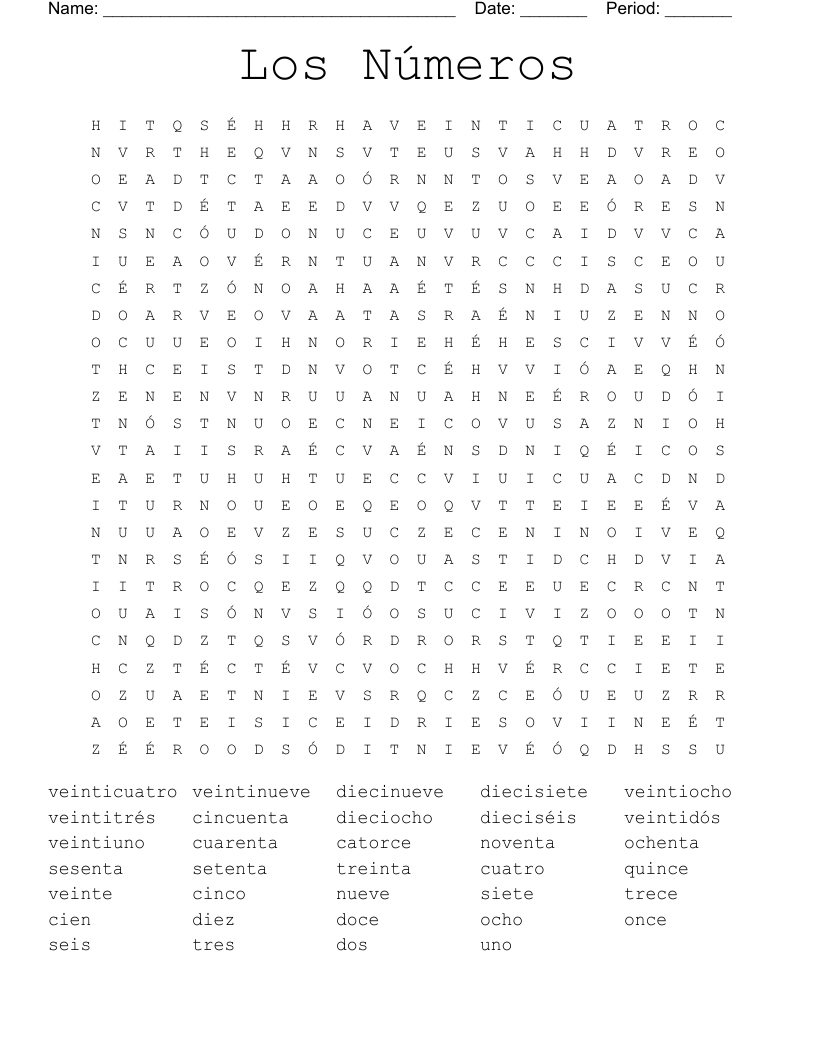 Los Números Word Search