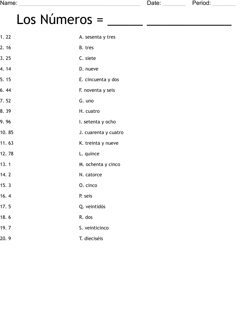 Los Números = _____   ____________ Worksheet