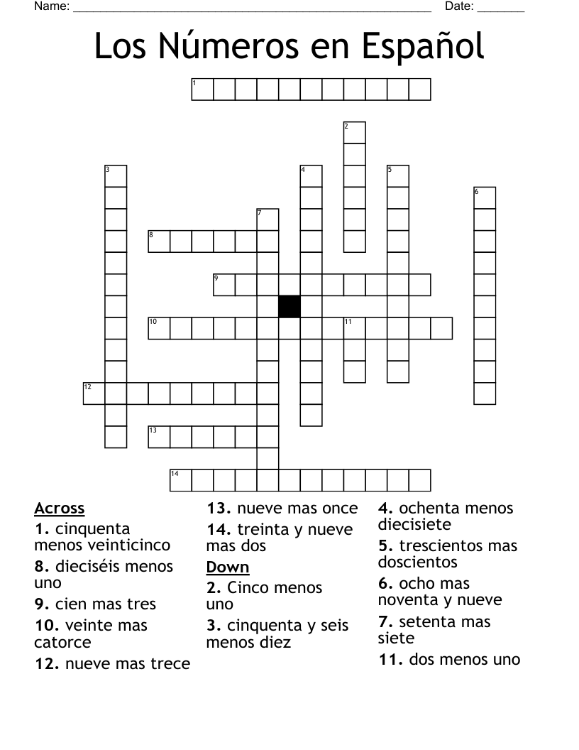 Los Números en Español Crossword