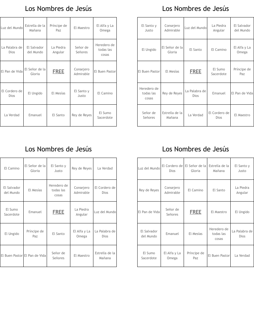 Los Nombres de Jesús Bingo Cards