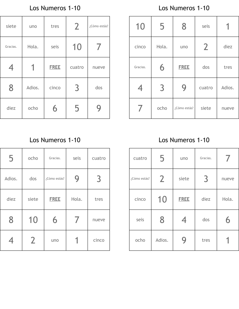Los Numeros 1-10 Bingo Cards