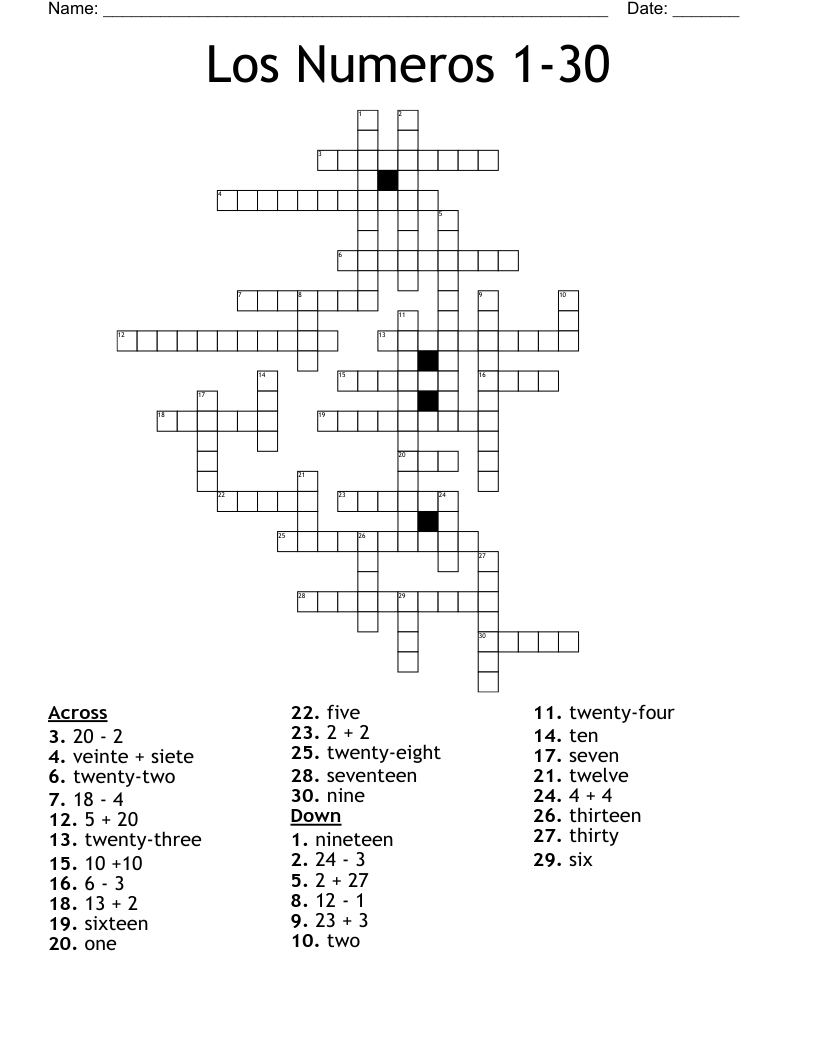 Los Numeros 1-30 Crossword