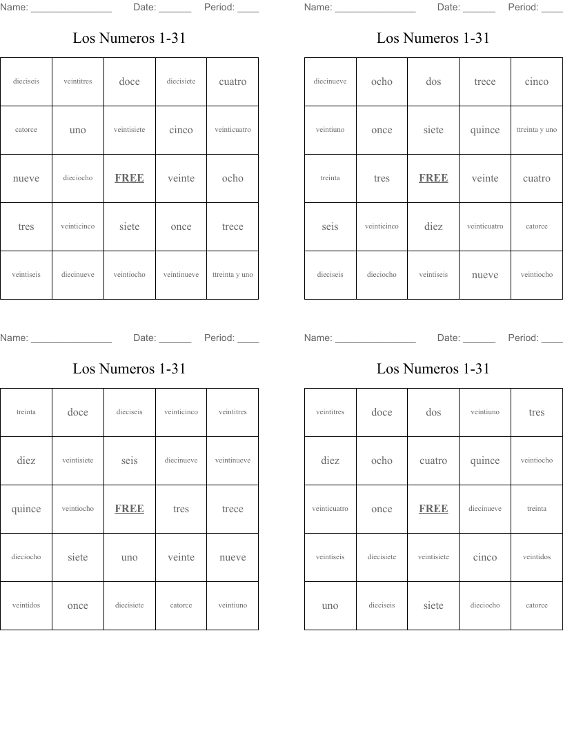 Los Numeros 1-31 Bingo Cards