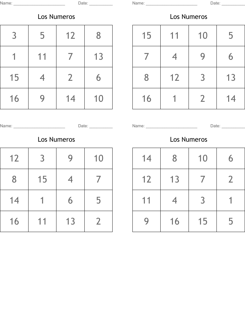 Los Numeros Bingo Cards