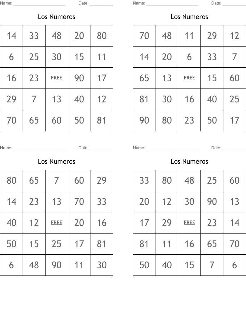 Los Numeros Bingo Cards