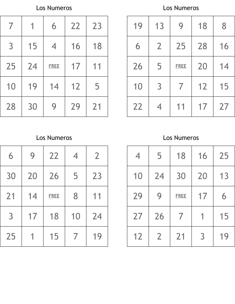 Los Numeros Bingo Cards