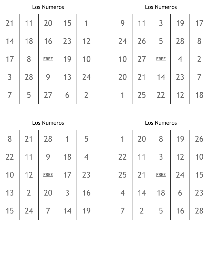 Los Numeros Bingo Cards