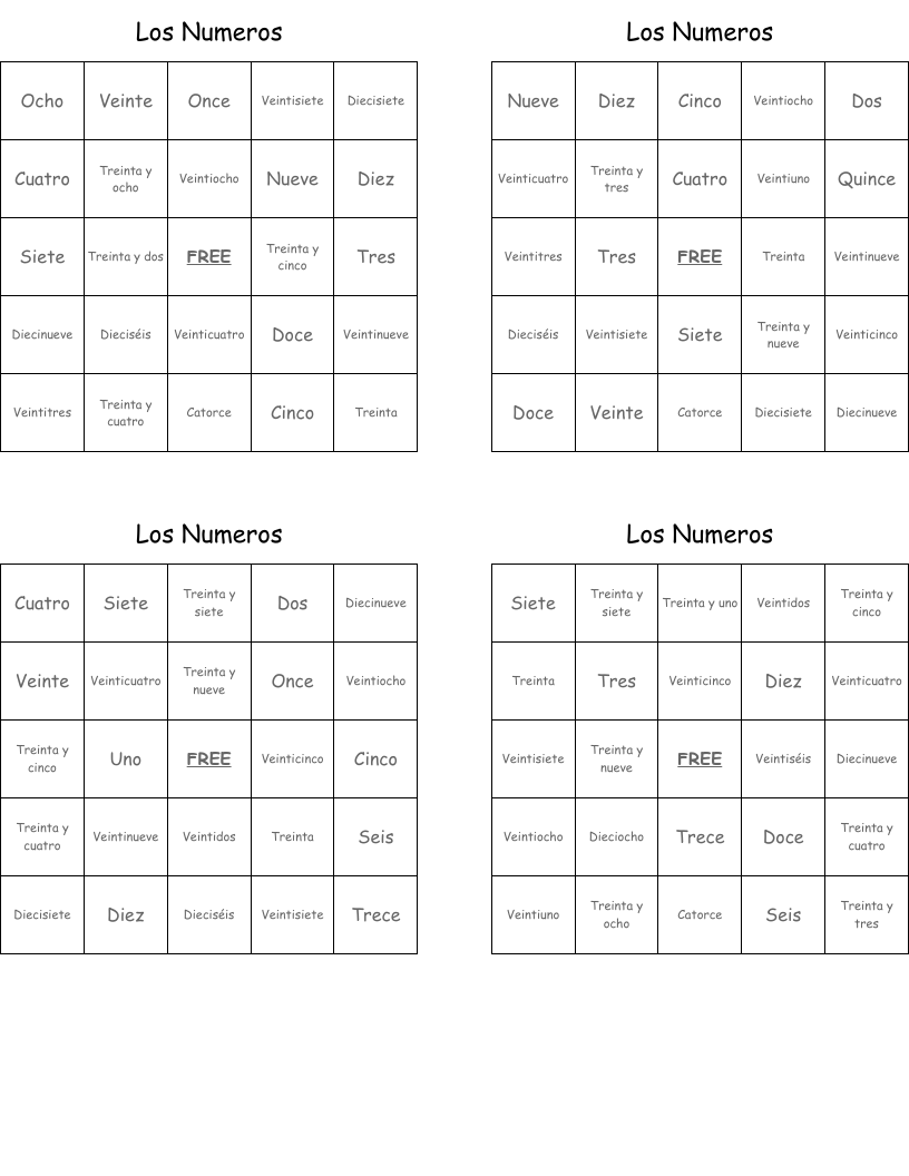 Los Numeros Bingo Cards