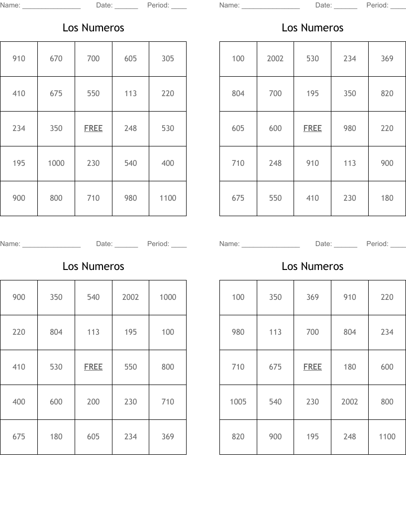 Los Numeros Bingo Cards