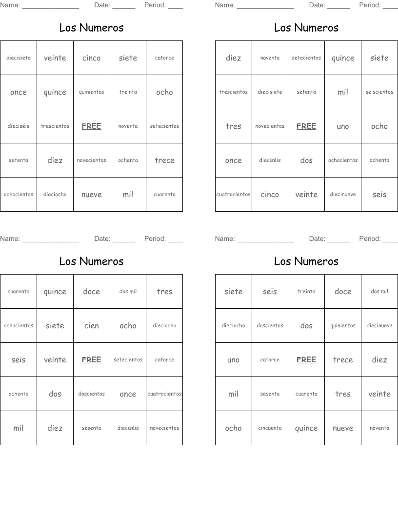 Los Numeros Bingo Cards