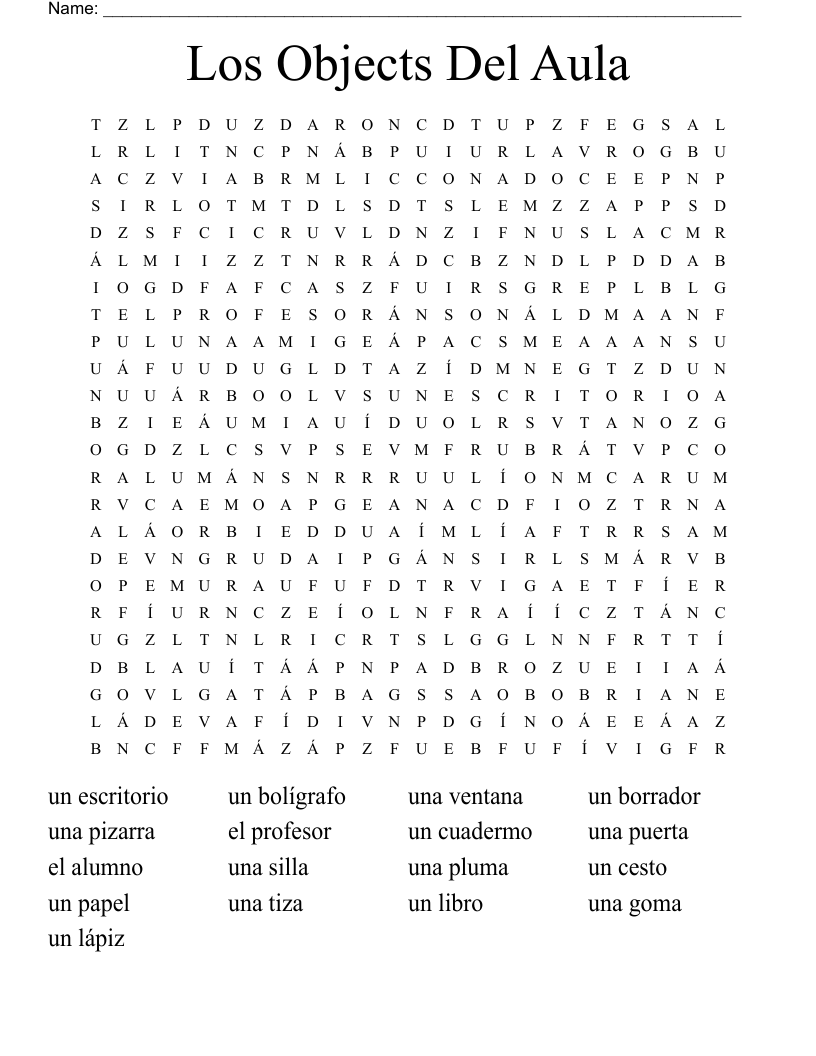 Los Objects Del Aula Word Search