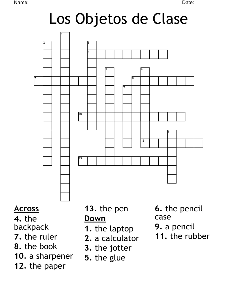 Los Objetos de  Clase Crossword