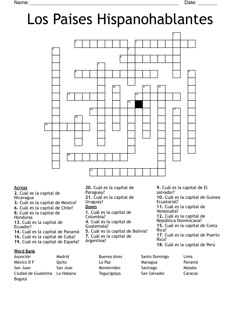Los Paises Hispanohablantes  Crossword