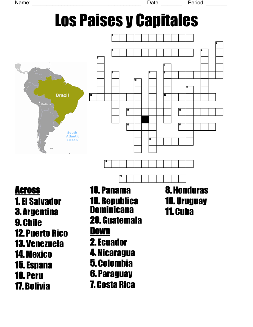 Los Paises y Capitales Crossword