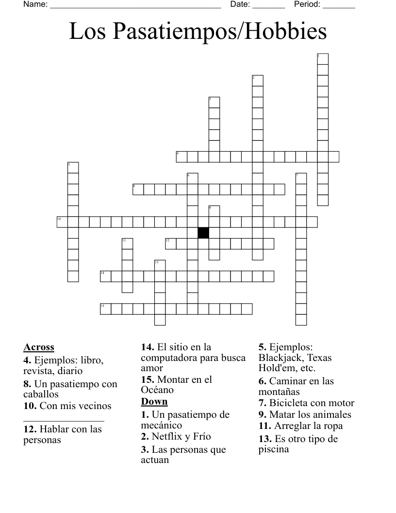 Los Pasatiempos/Hobbies Crossword