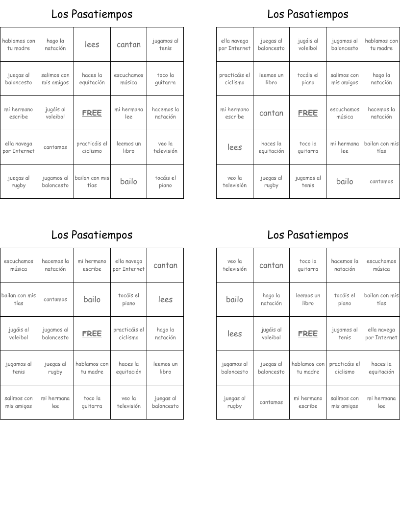 Los Pasatiempos Bingo Cards