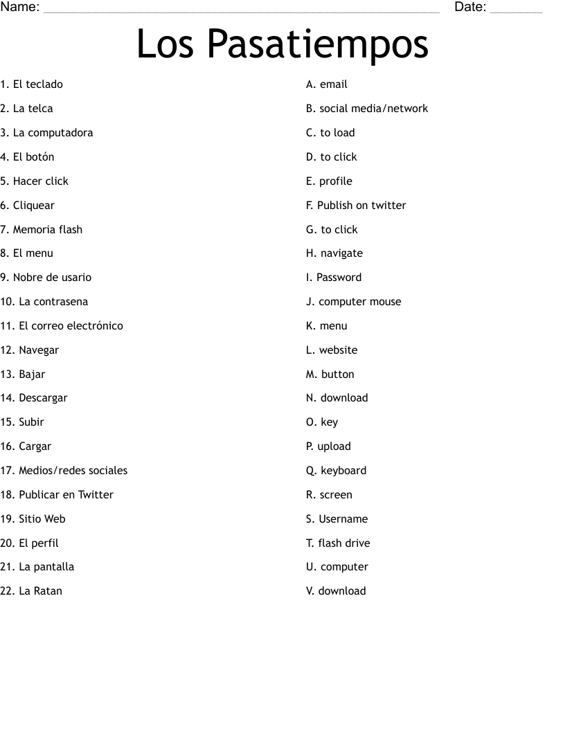 Los Pasatiempos Worksheet