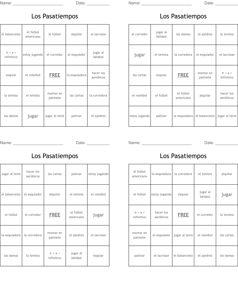 Los Pasatiempos Bingo Cards