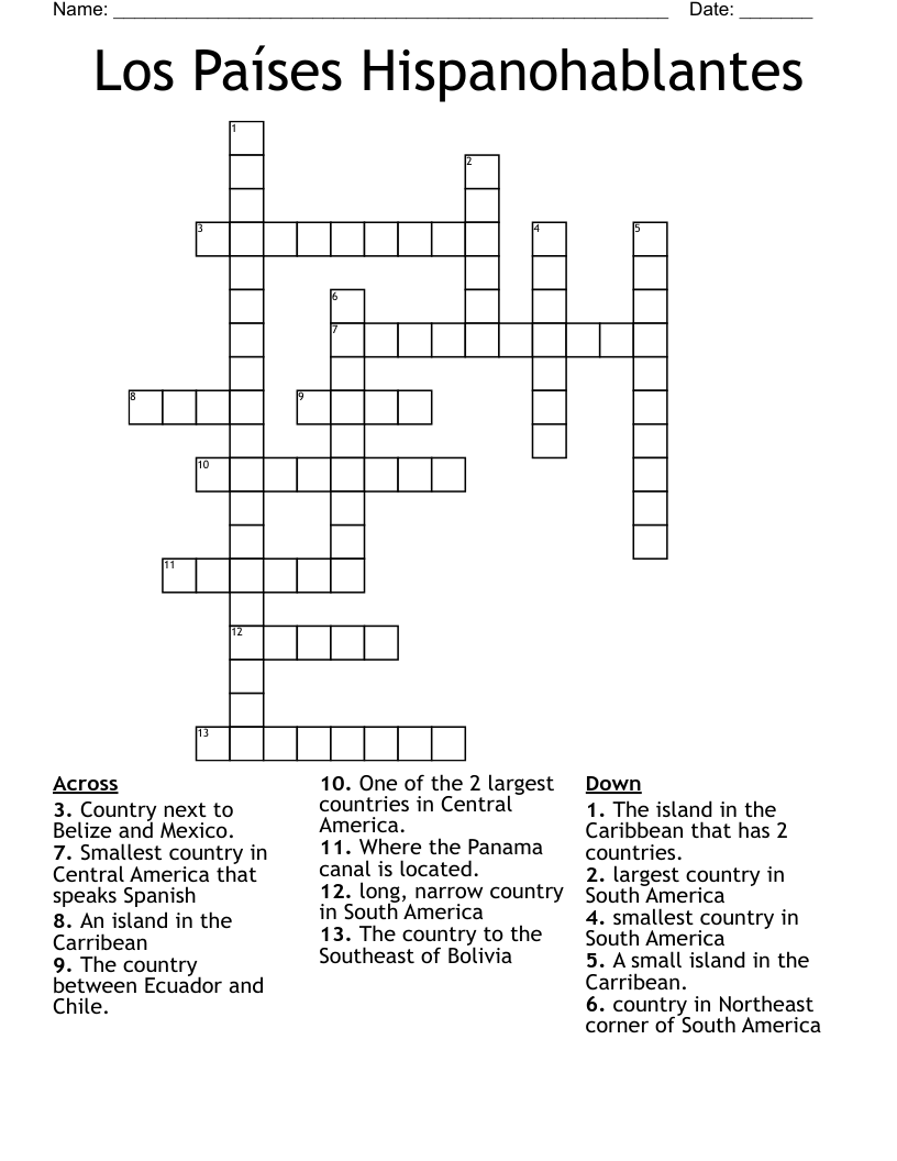 Los Países Hispanohablantes Crossword