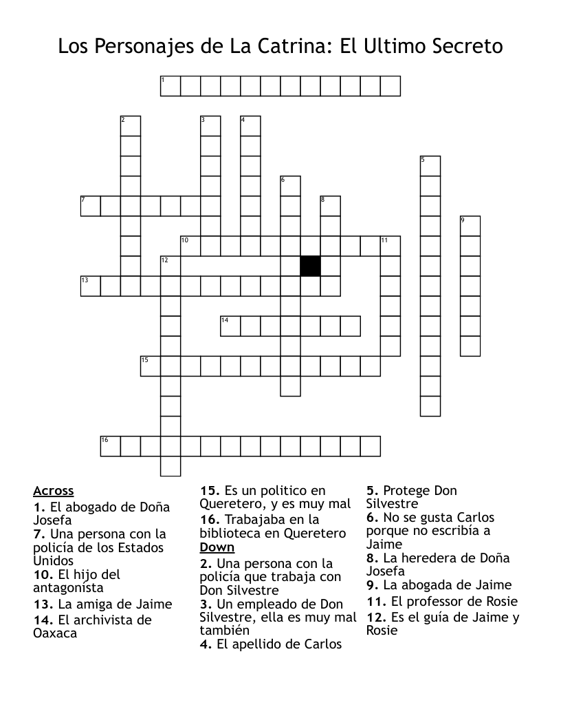 Los Personajes de La Catrina: El Ultimo Secreto Crossword